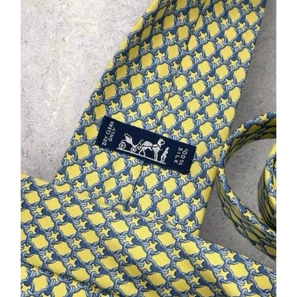 HERMÈS 59 EA Silk Tie FRANCE XL Yellow Blue Geometric W:3.7" EUC - Picture 2 of 6